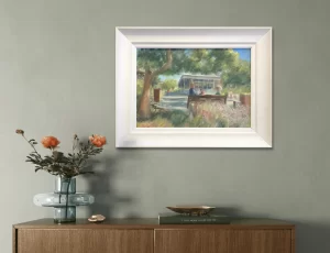 Impressionistic oil painting of The People’s Park in Dún Laoghaire, framed and displayed in a limed wooden frame