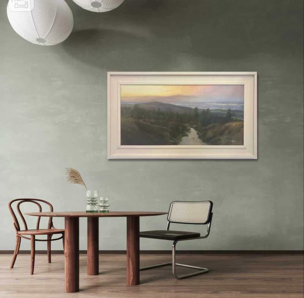 Ticknock landscape painting of the Dublin Mountains with a view over Dublin city by Irish artist Deirdre Hayes