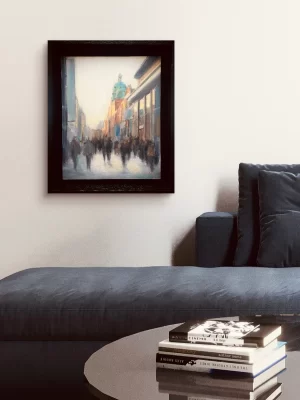 Oil painting of Henry Street, Dublin in the evening, framed in black wood