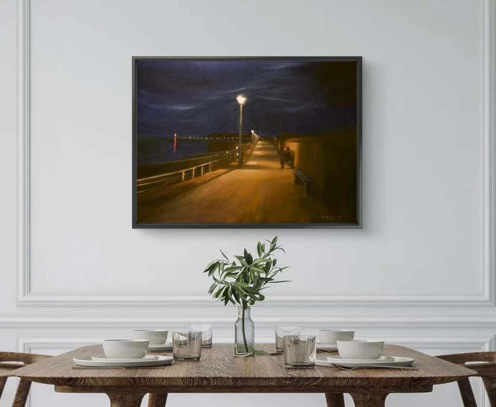 Dún Laoghaire night seascape — calm evening and a tall lamp post, atmospheric oil painting by Deirdre Hayes.
