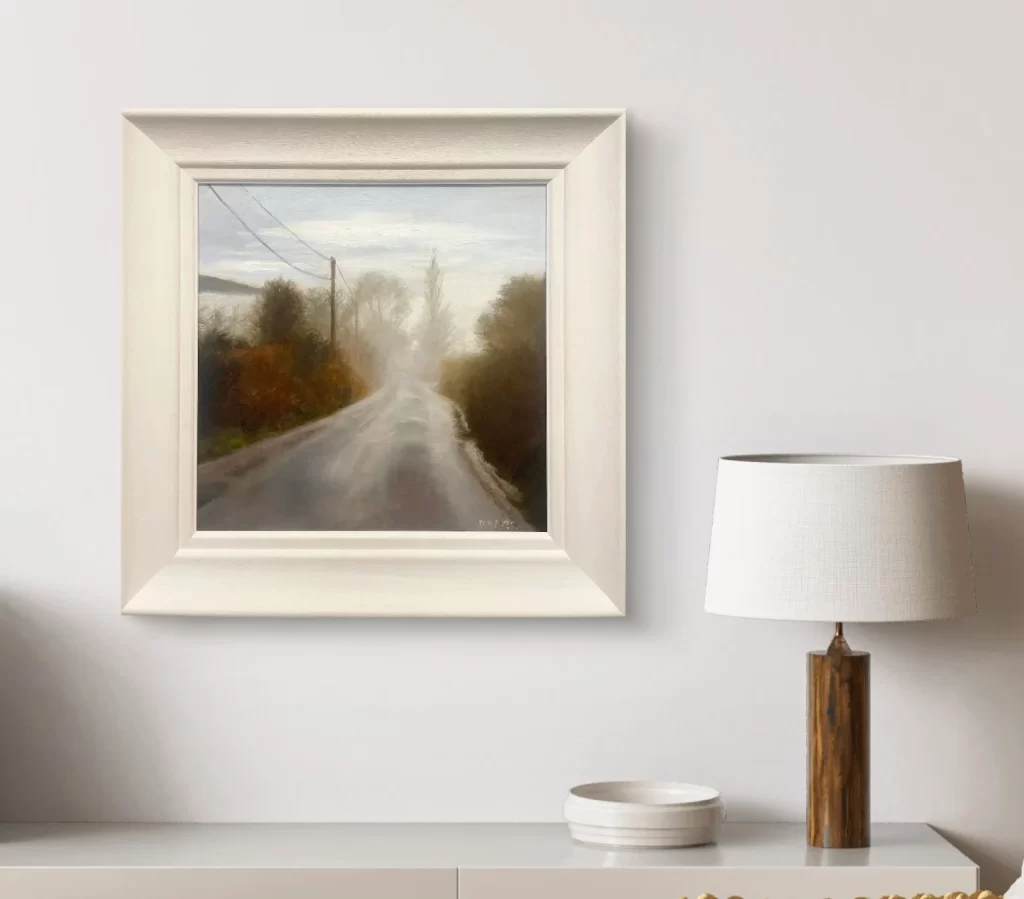 Foggy country road in rural Ireland, original oil painting with soft atmospheric light