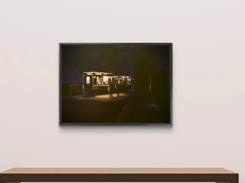 Moody oil painting of Dún Laoghaire Pier at dusk, with warm light along the walkway ordering at fish stand,, by Deirdre Hayes.