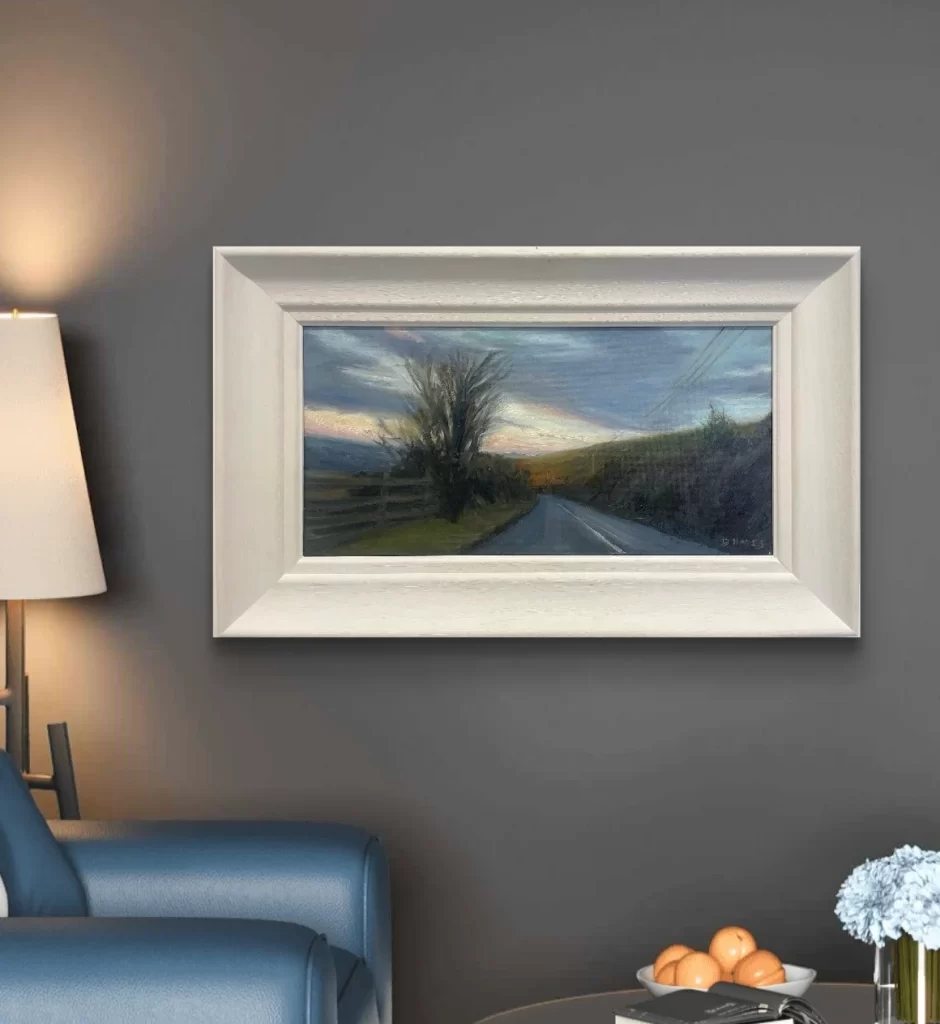 Oil painting of the Wicklow Mountains after rain, framed in a lined wooden frame