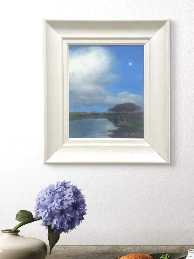 Castlegregory shoreline oil painting with blue sky and coastal water – Dingle Peninsula, Wild Atlantic Way – by Deirdre Hayes.”