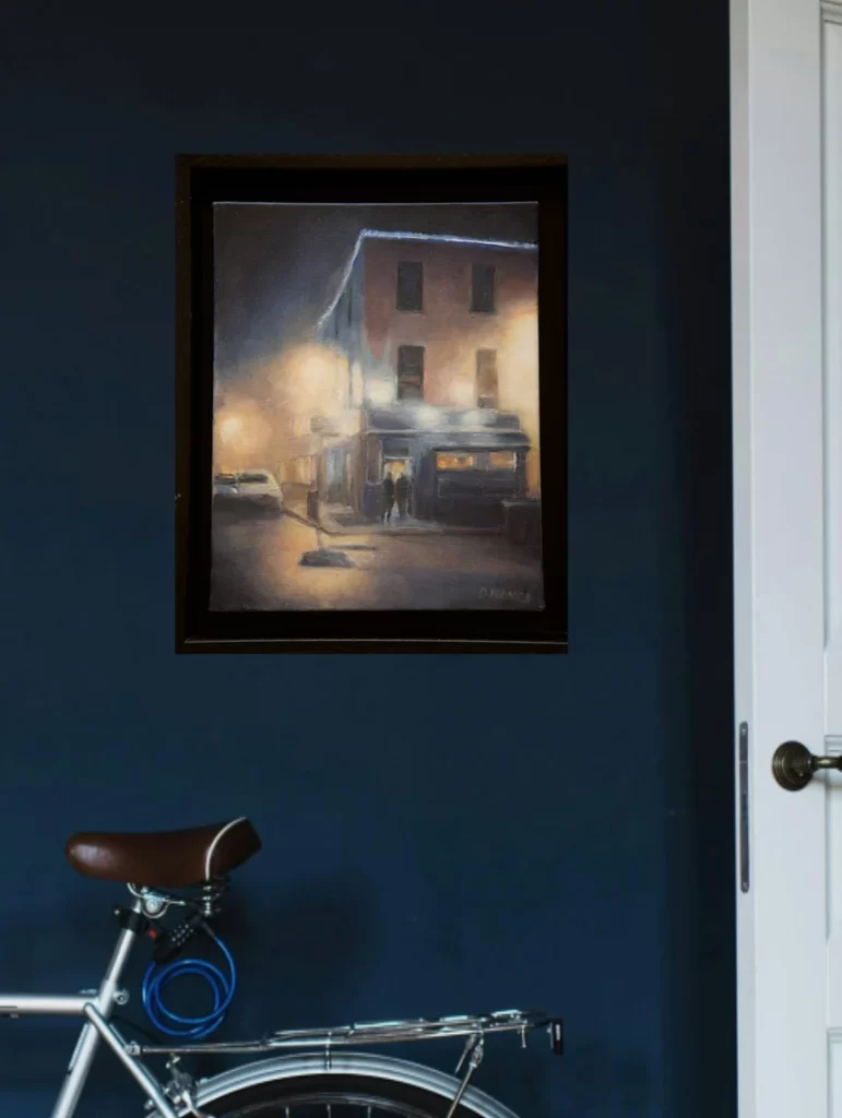 Dublin night street scene — soft foogh yellow streetlight illuminating a quiet pub corner called larkins near the Guinness factory , oil painting by Deirdre Hayes.