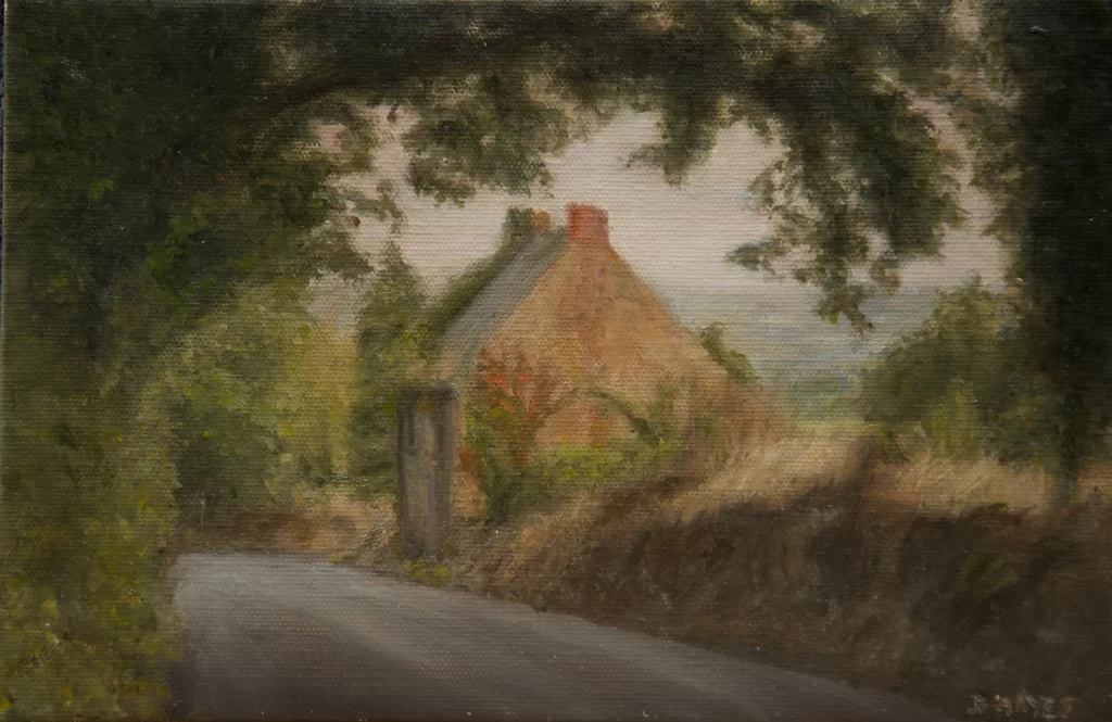 Oil painting by Deirdre Hayes of an old stone cottagein the Kilkenny  Irish countryside.