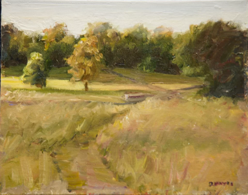 Oil painting by Deirdre Hayes of a sunlit grassy path through a meadow in Cabinteely Park. Painted plain air 
