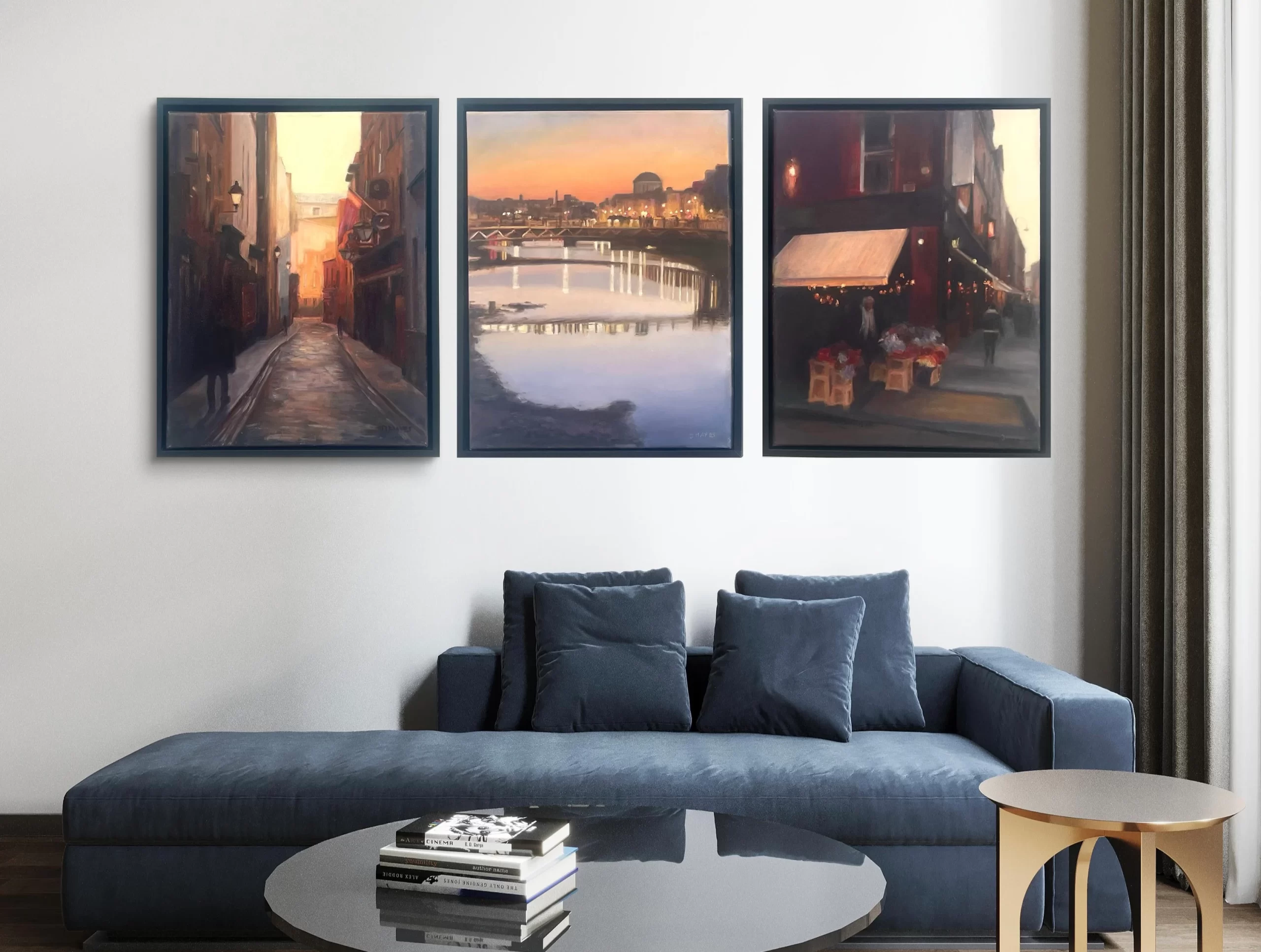 Original oil painting of Dublin city scenes – framed triptych featuring the Liffey at sunset, George’s Street and Temple Bar Lane