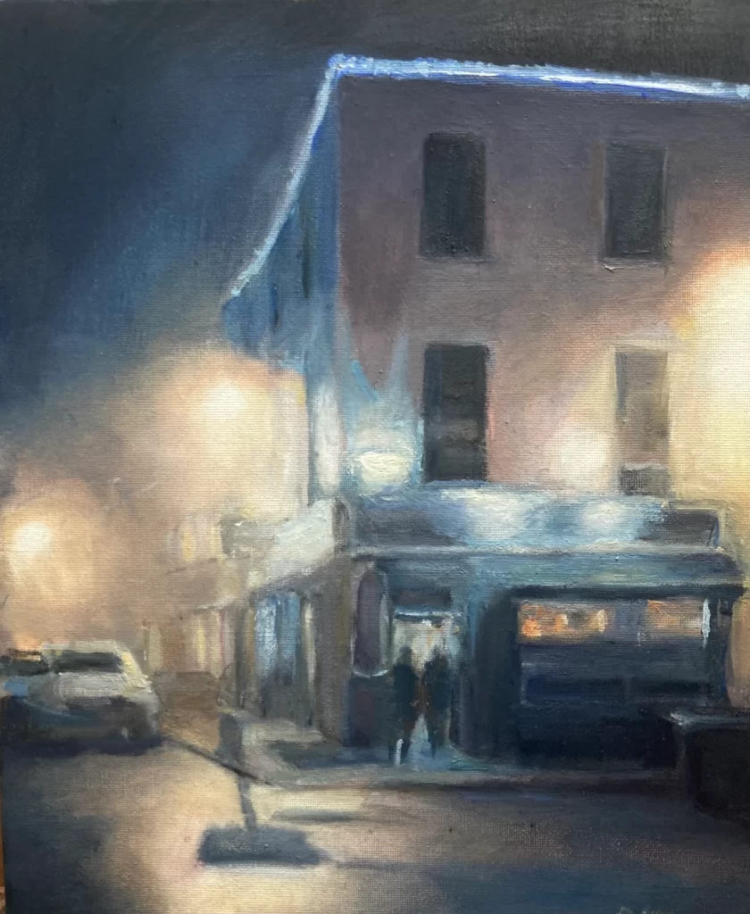 Dublin pub at night painting by Deirdre Hayes