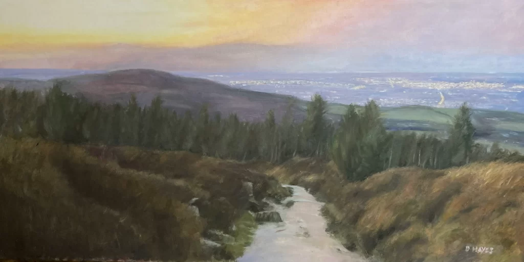 Ticknock oil painting by Deirdre hayes overlooking Dublin city lights 