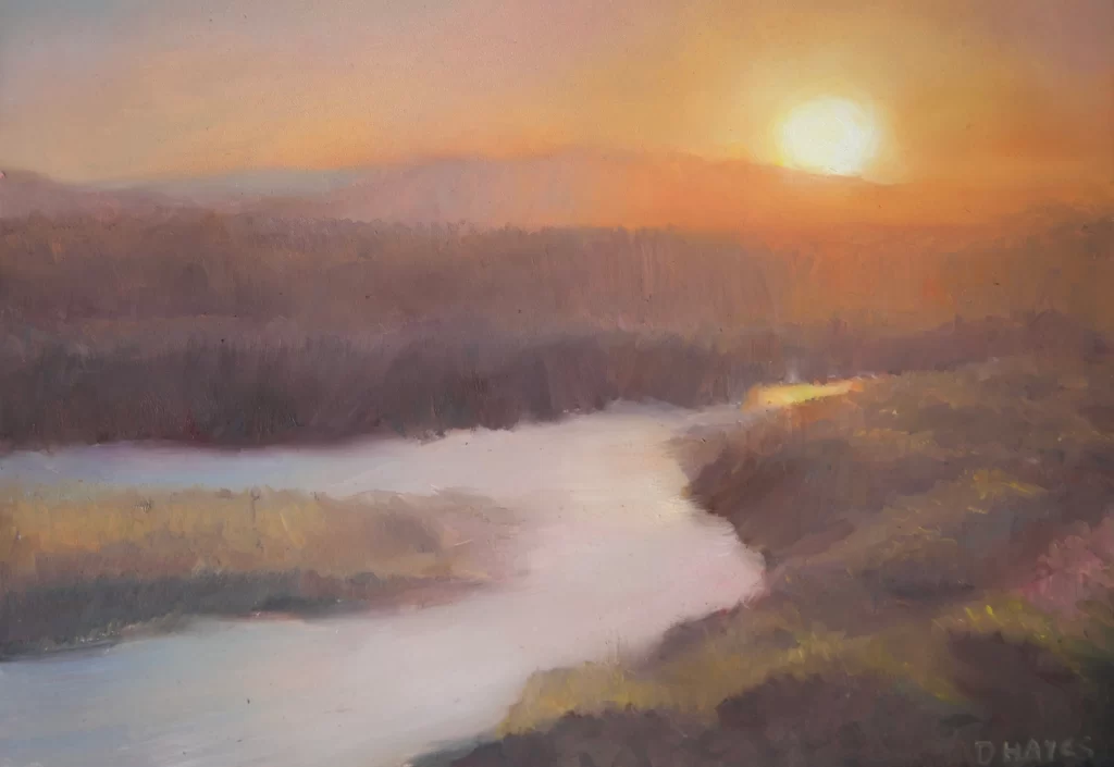 Oil painting by Deirdre Hayes of a glowing sunset over a winding river in  Castlegregory.