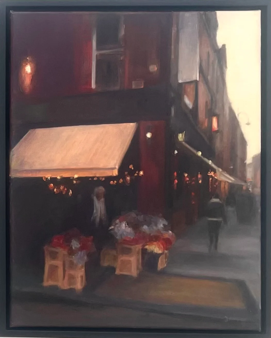 Oil painting of Hogan’s Bar on George’s Street, Dublin, with a flower seller