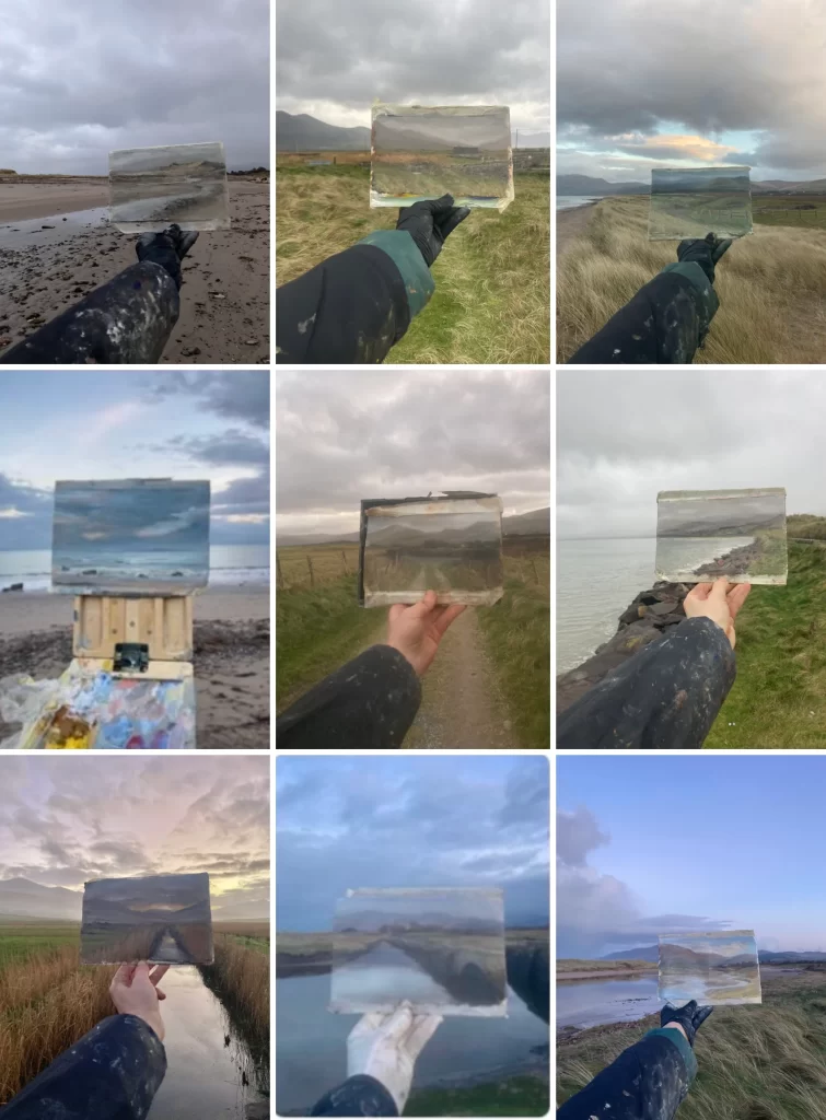 Collage of nine plein air oil studies held against real Irish landscapes in Castlegregory and Maharees,County Kerry, showing beaches, mountains, fields, and coastal views, painted on location by Irish artist Deirdre Hayes.
