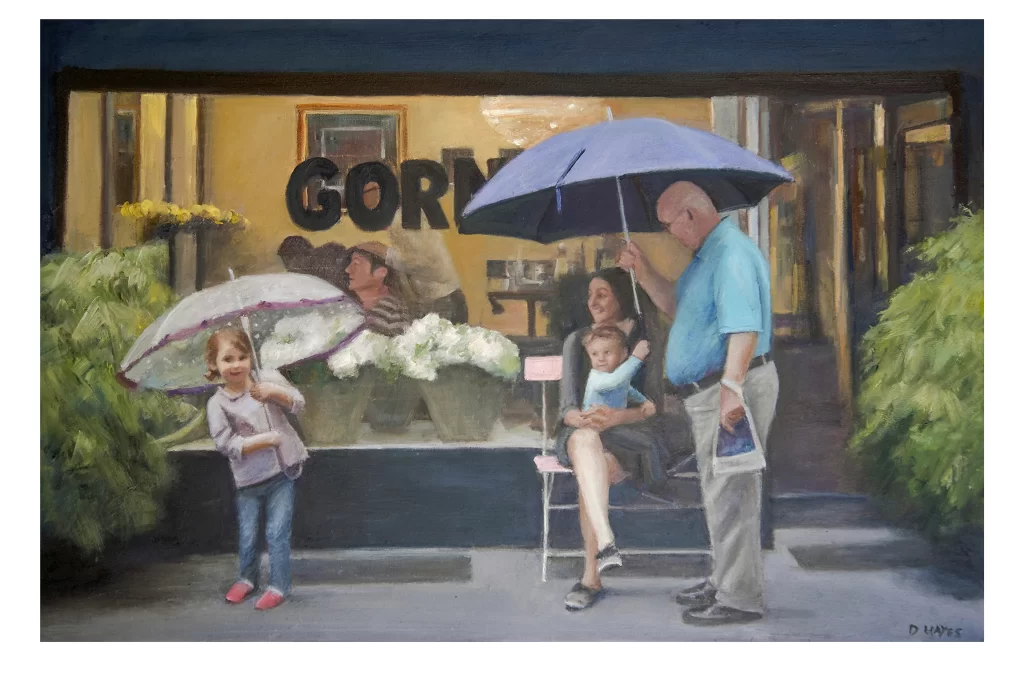 Commissioned oil painting of a family with umbrella by Irish artist Deirdre Hayes