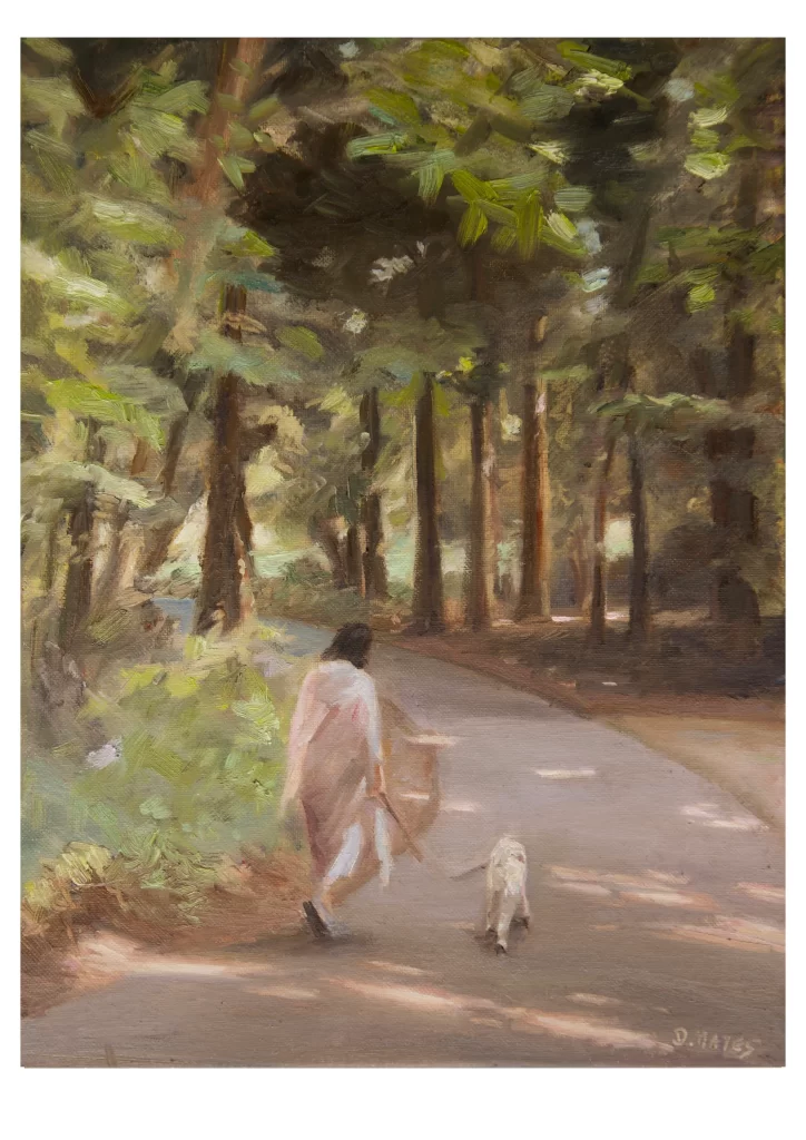 Woman walking her dog through sunlit woodland in Cabinteely Park, Dublin — soft, atmospheric landscape oil painting by Deirdre Hayes.