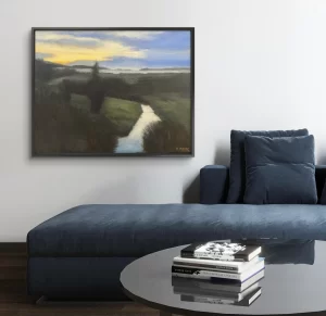 Oil painting of a rural landscape with a winding stream at dusk