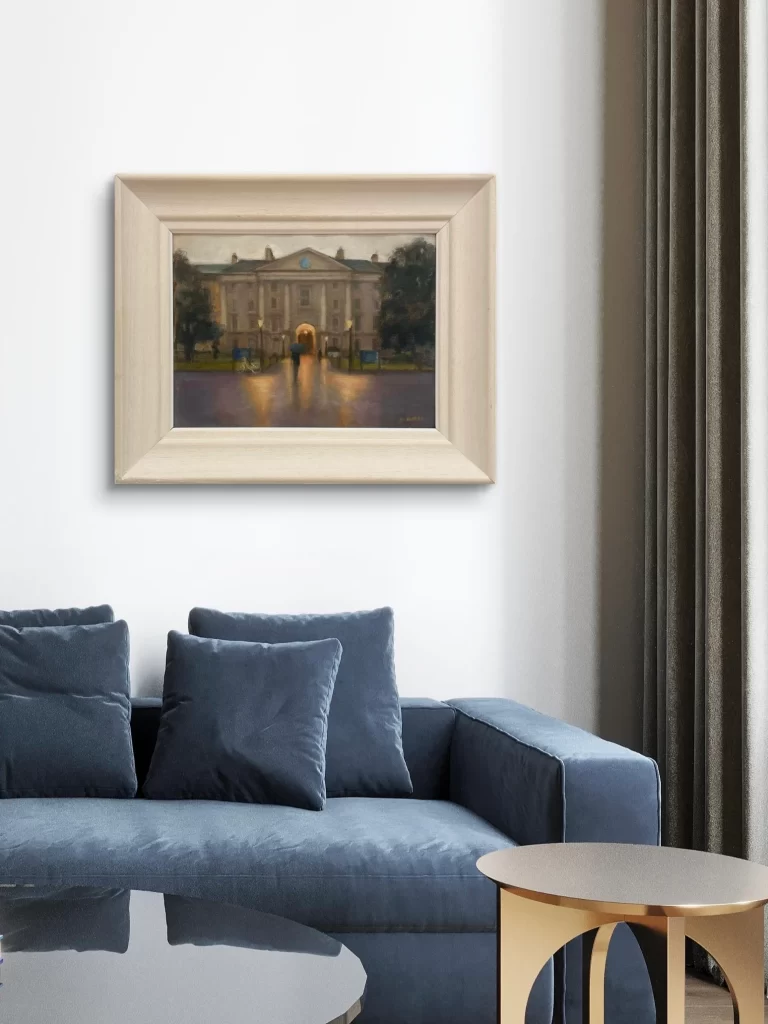 Trinity college oil painting framed in a modern living room, by Deirdre Hayes.