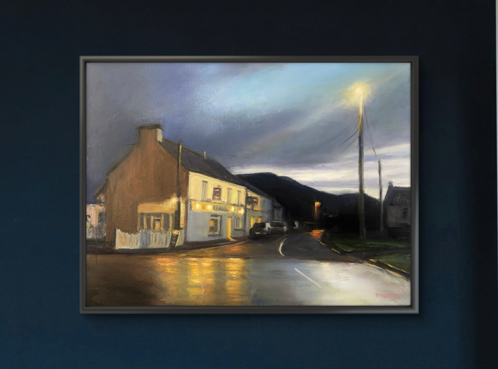 Night-time oil painting of Fitzgerald’s pub in Castlegregory on the Dingle Peninsula along the Wild Atlantic Way, by Deirdre Hayes.