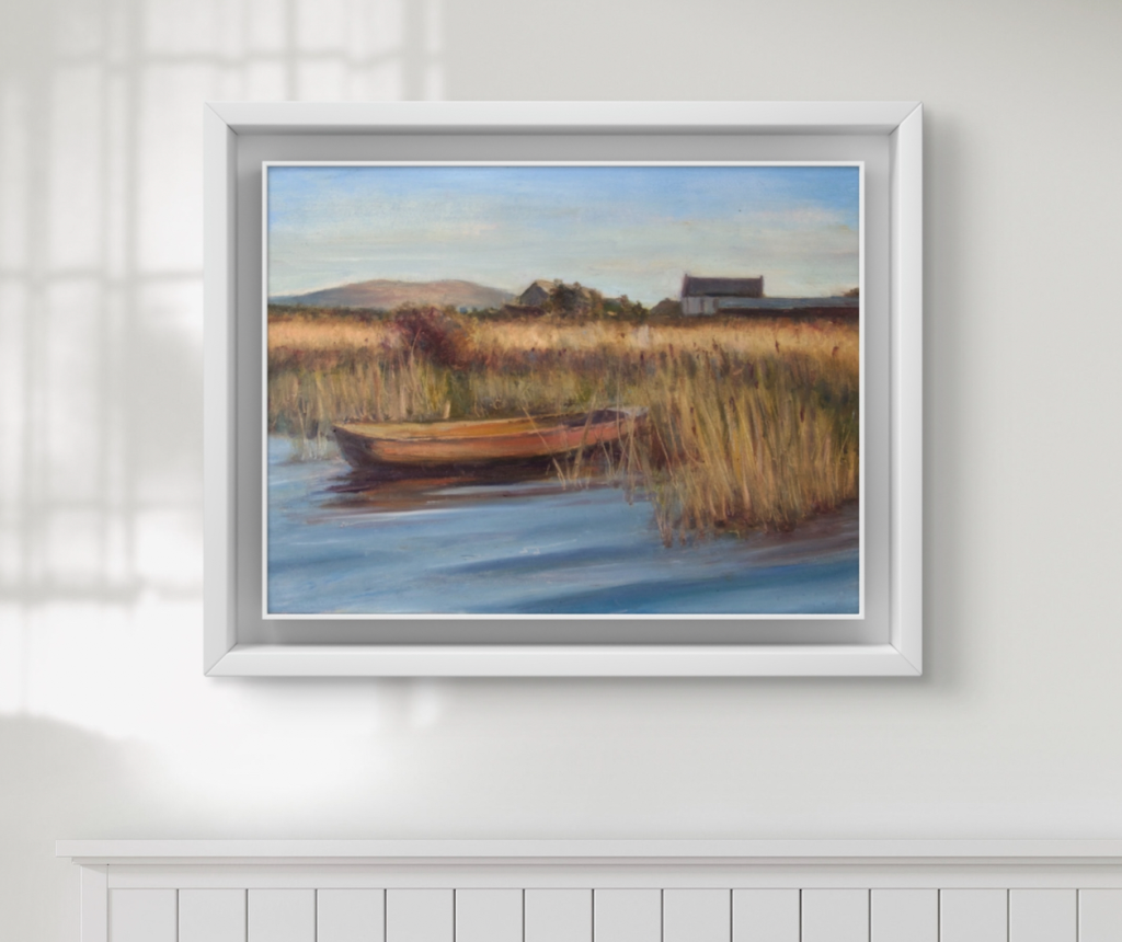 Evening light over Lough Gill with calm water and reeds, Irish landscape painting by Deirdre Hayes.