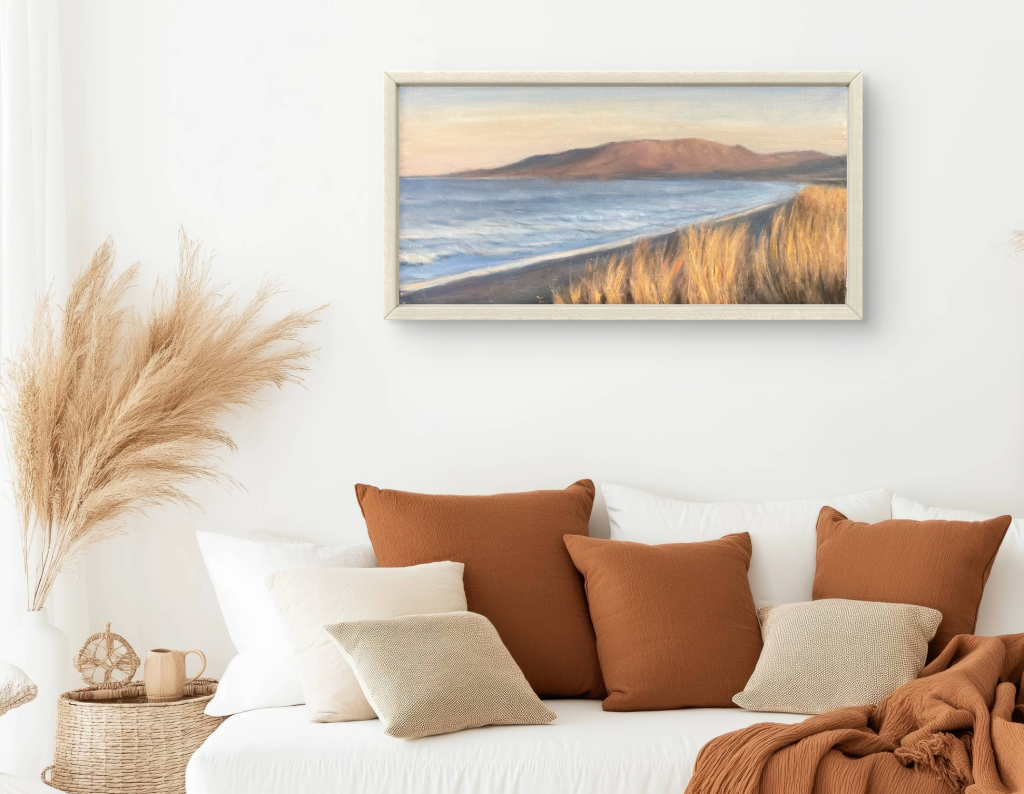 Castlegregory beach coastline oil painting in Co. Kerry, on the Dingle Peninsula along the Wild Atlantic Way, by Deirdre Hayes.