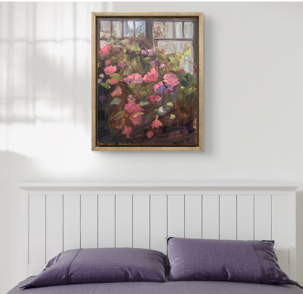 Vibrant hydrangeas blooming outside a window, floral still life oil painting by Deirdre Hayes.