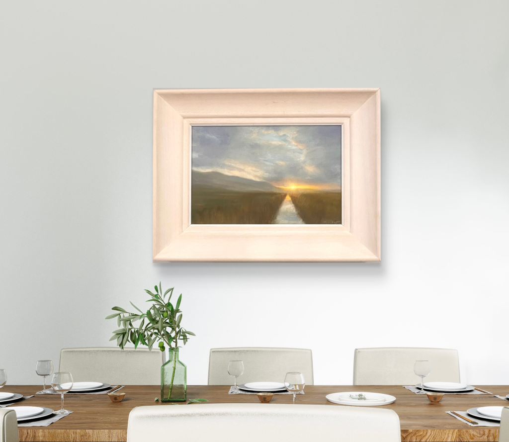 Sunset over Stradbally on the Dingle Peninsula, glowing coastal landscape oil painting by Deirdre Hayes.