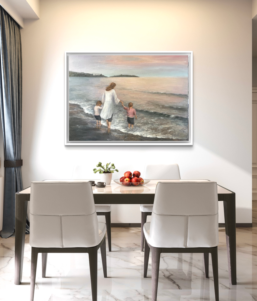 Commissioned oil painting of a mother and two children walking by the sea at sunset, at Killiney beach, Dublin by Deirdre Hayes displayed in a dining room 