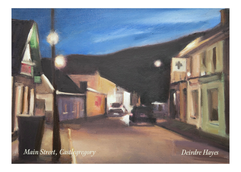 Main Street Castlegregory at night greeting card by artist Deirdre hayes