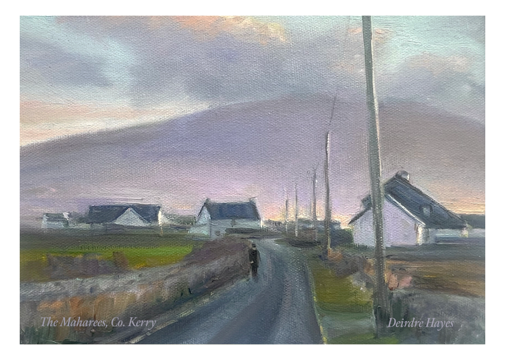 Irish country road at dusk with cottages and distant mountains in Co. Kerry, atmospheric landscape oil painting by Deirdre Hayes.