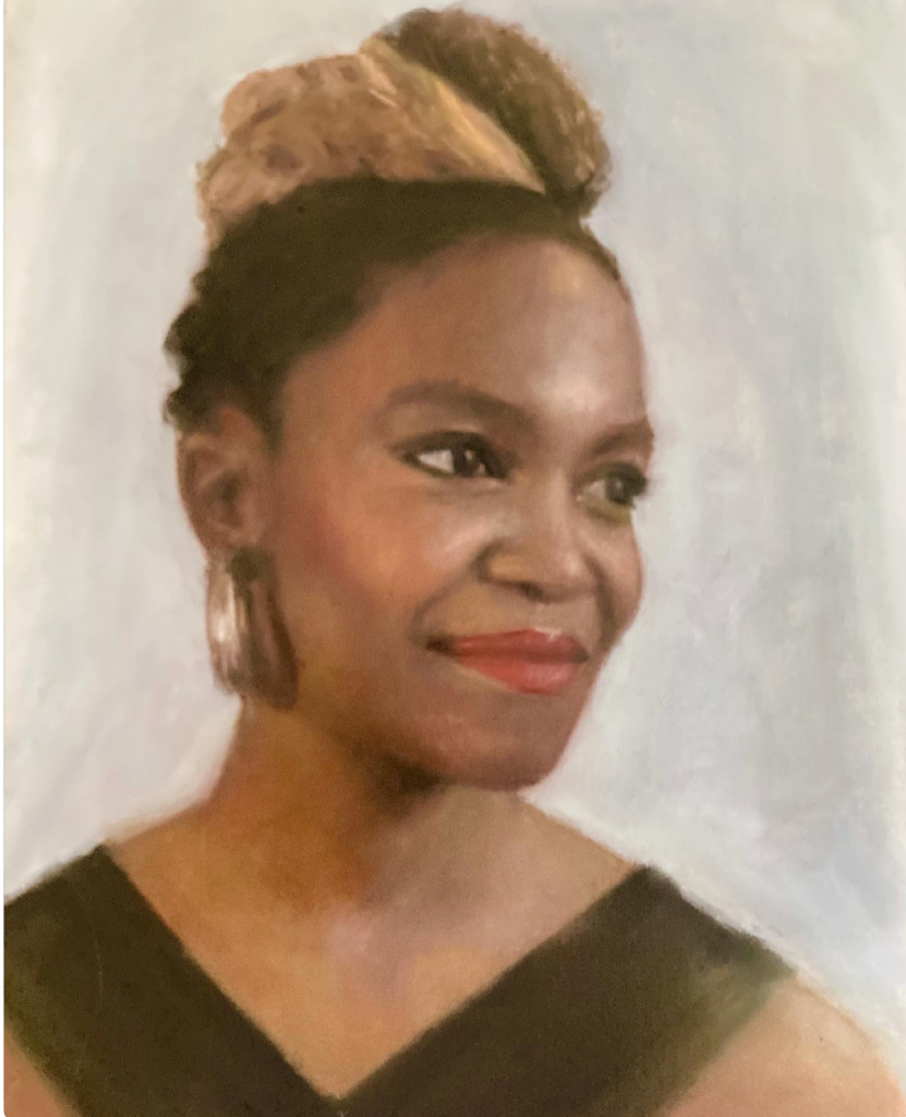 Oil portrait of a woman with an updo hairstyle wearing a green dress, painted by Irish artist Deirdre Hayes