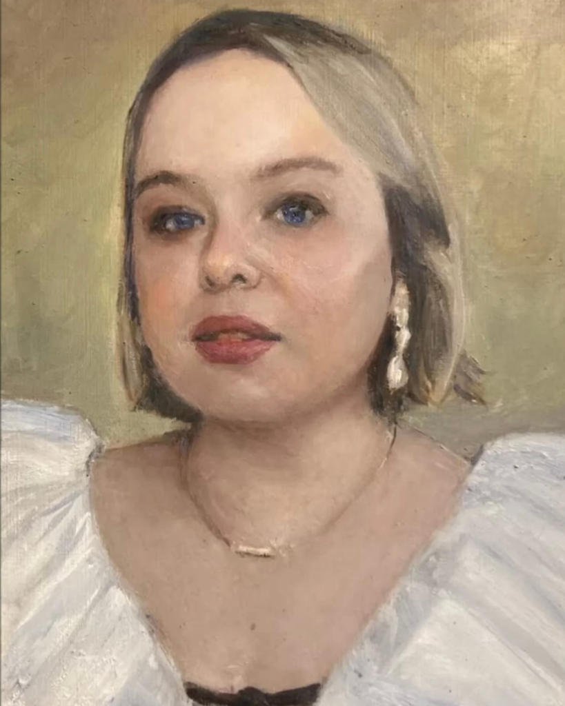 Oil portrait painting of Nicola Coughlan wearing a white dress by Irish artist Deirdre Hayes.