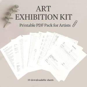 Art Exhibition Kit — printable PDF pack showing 10 downloadable sheets including inventory forms, labels, and invoice templates for art