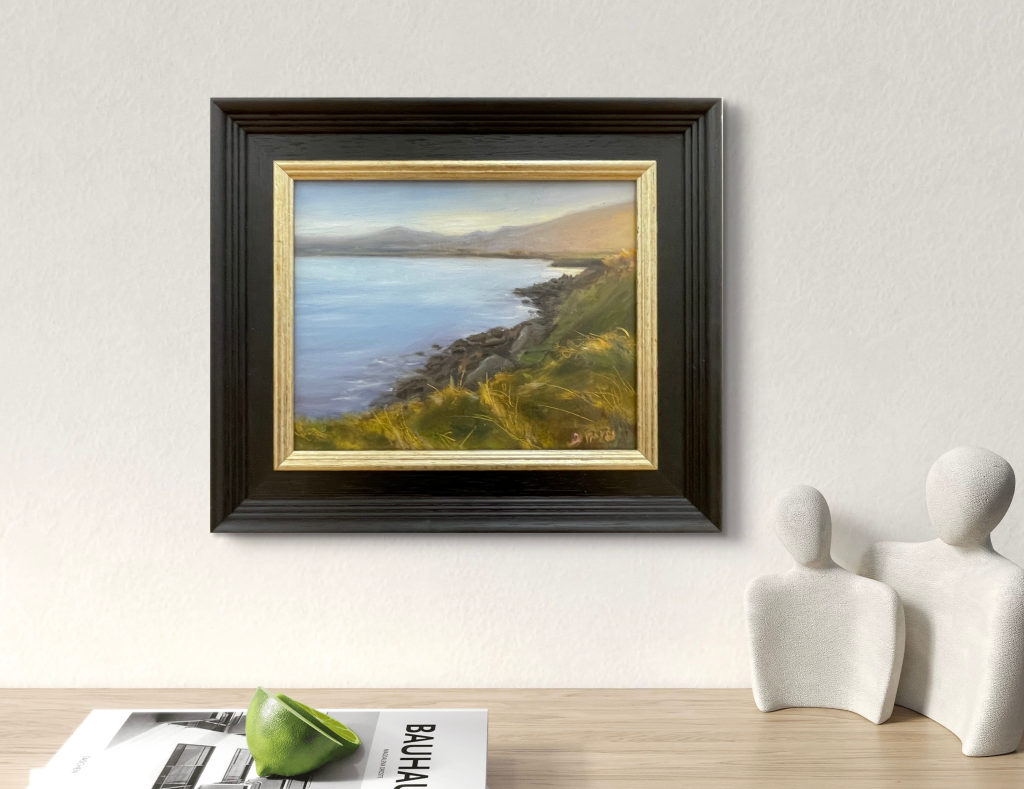 Sunset oil painting of Castlegregory beach from the mharees by deirdre hayes 