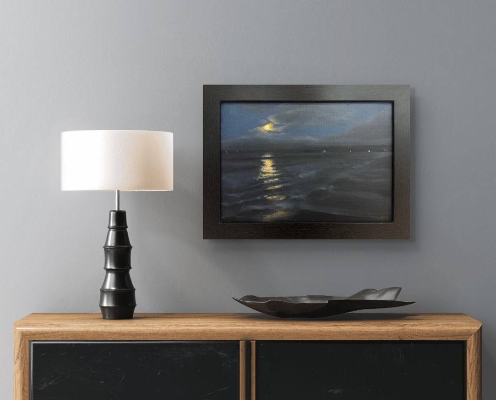 Moonlight on Castlegregory beach Atmospheric night seascape oil painting on the Dingle Peninsula along the Wild Atlantic Way, by Deirdre Hayes.