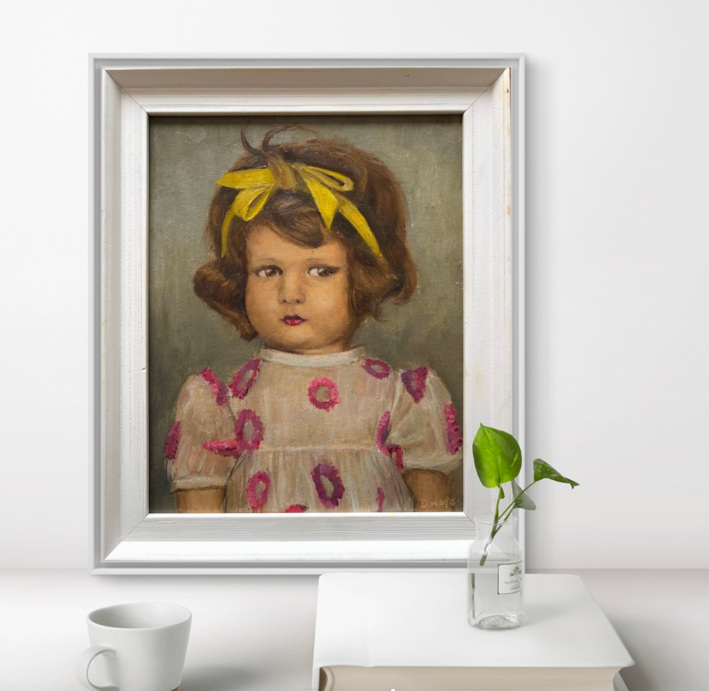 Oil painting of a vintage Lenci doll with yellow bow by Irish artist Deirdre Hayes
