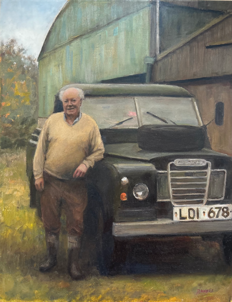 Commissioned oil portrait of a man standing beside his Land Rover in a rural setting
