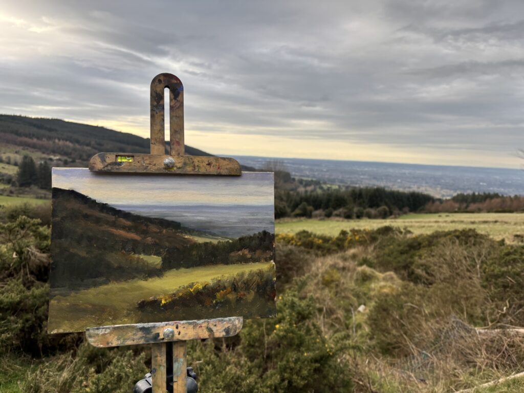 Developing a plein air landscape painting of Ticknock in the Dublin Mountains
