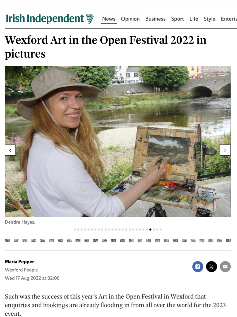 Deirdre Hayes painting plein air at Art in the Open Festival, featured in the Irish Independent