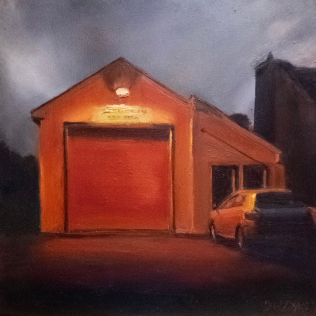 GAA Club, Castlegregory — atmospheric oil painting of an illuminated building at dusk by Irish artist Deirdre Hayes. Selected for the 196th RHA Annual Exhibition 2026