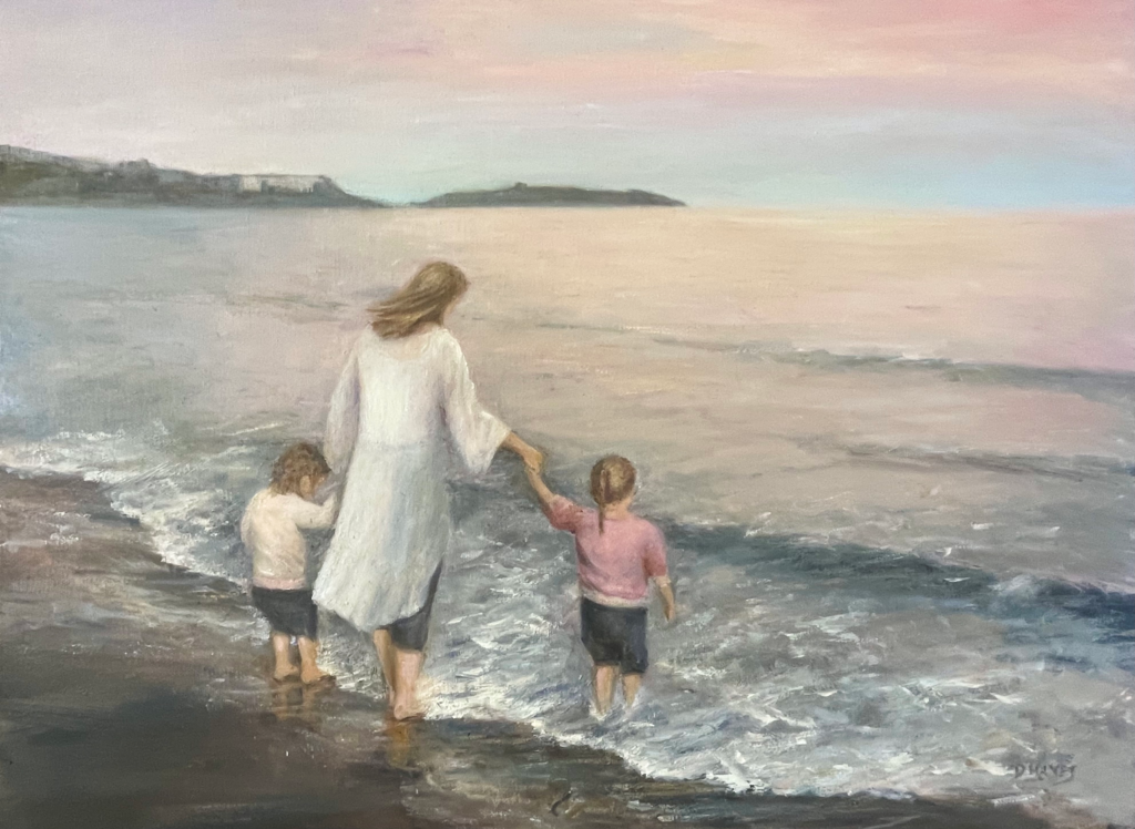Commissioned
Painting of a family, a mother and twin daughters at Killiney beach at sunset . Oil
Painting by artist Deirdre Hayes 