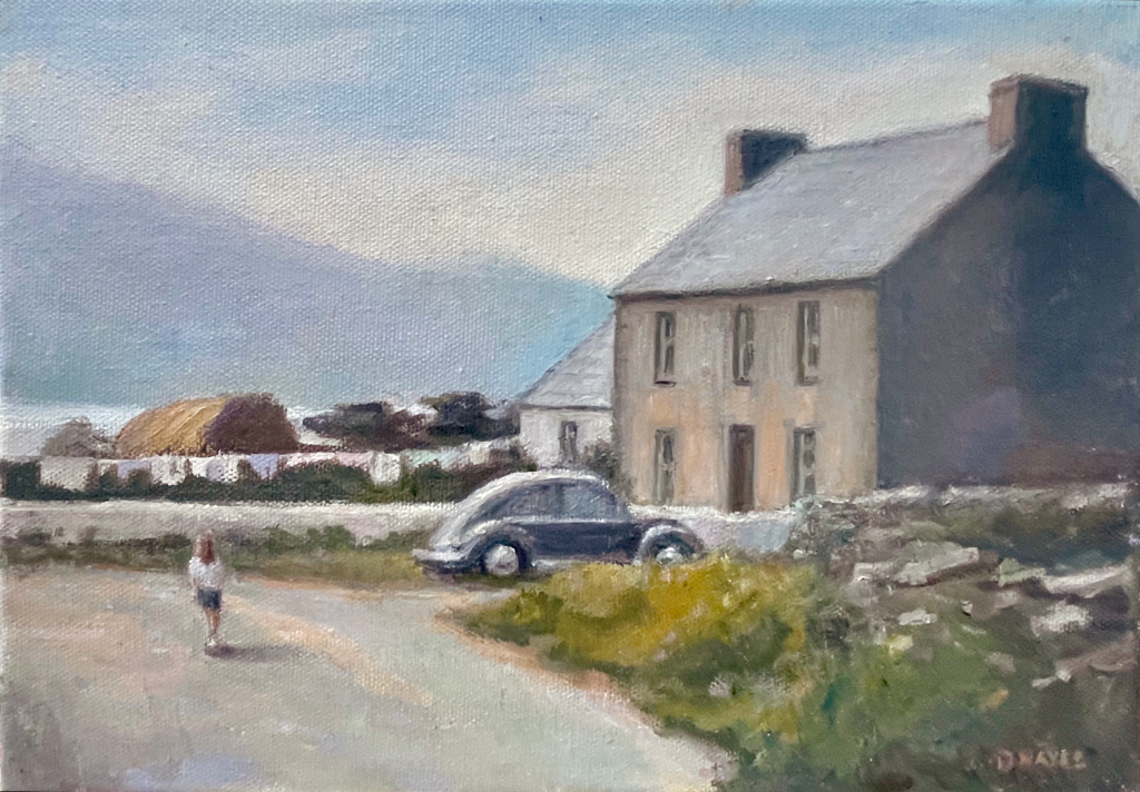 Commissioned oil painting of a white cottage in the Maharees, County Kerry, with a child walking along the road outside a cherished childhood home.