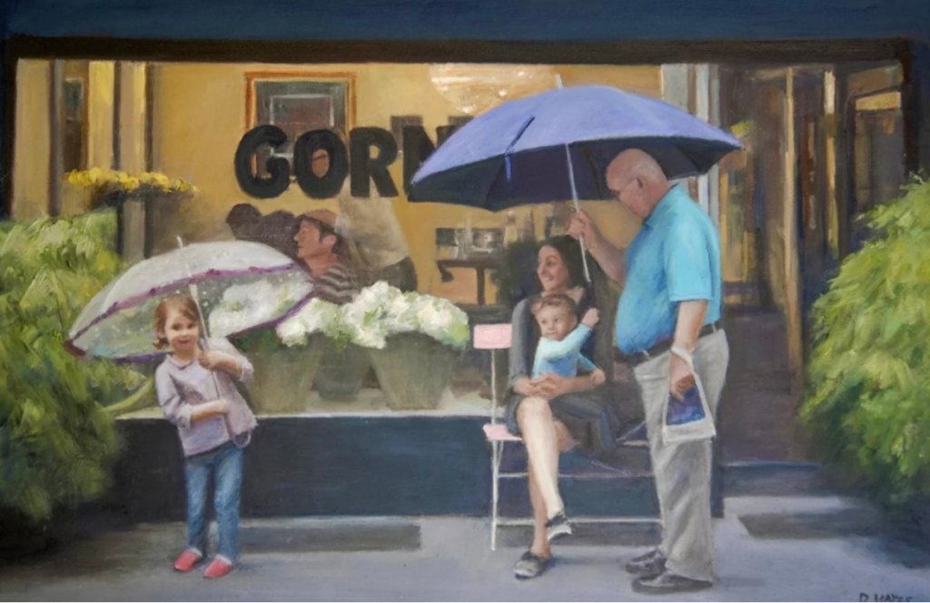 Commissioned oil painting of a family sheltering under umbrellas outside a hair salon on a rainy day, capturing a special family memory