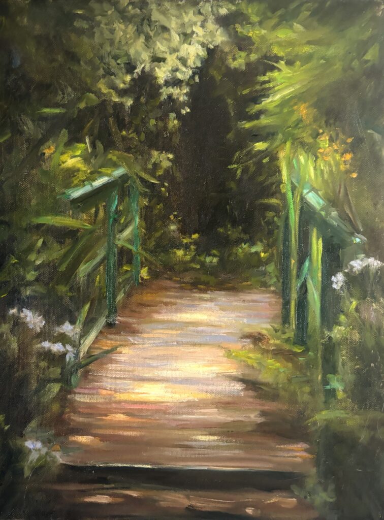 Oil painting by Deirdre Hayes of a sunlit garden bridge with green railings at Tony and Jane O’Malley’s former home and studio.